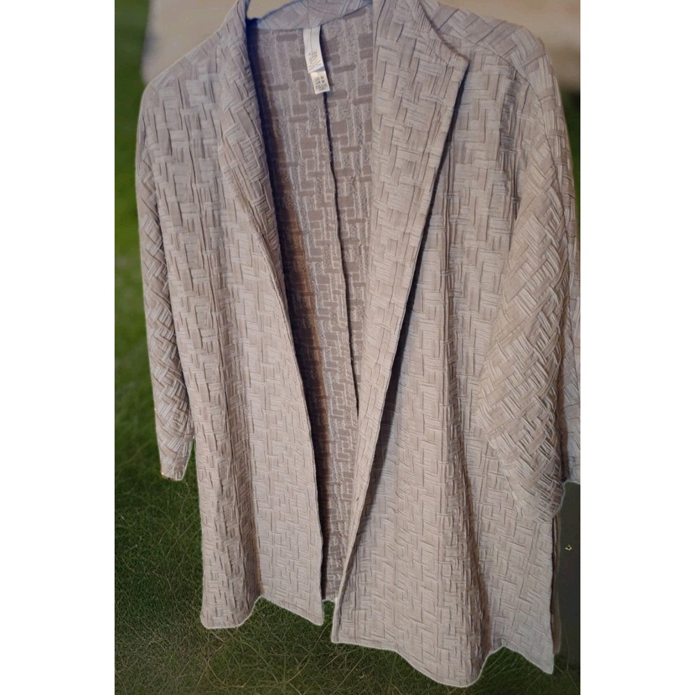 Marla Wynne Med. Beige Textured Basket Weave Open Front Mid Length Coat 216